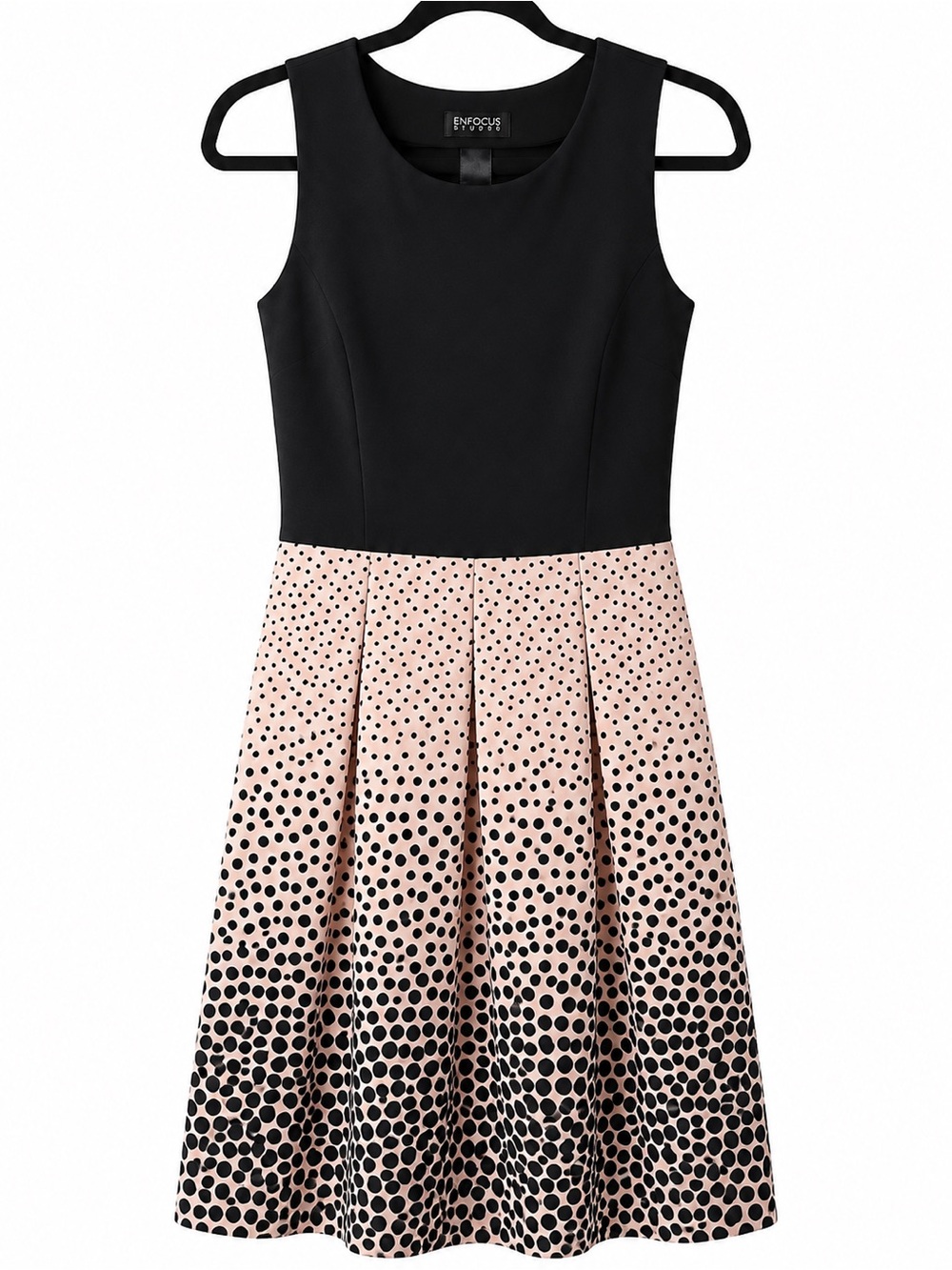 En Focus Petite Black & Blush Velvet Polka Dot Fit & Flare Dress – Size 12
